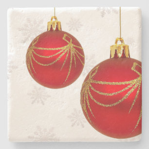 Red and Gold Hanging Christmas Ornaments Stone Coaster