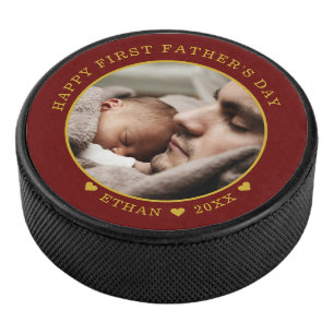Red And Gold Happy First Father's Day Photo   Hockey Puck