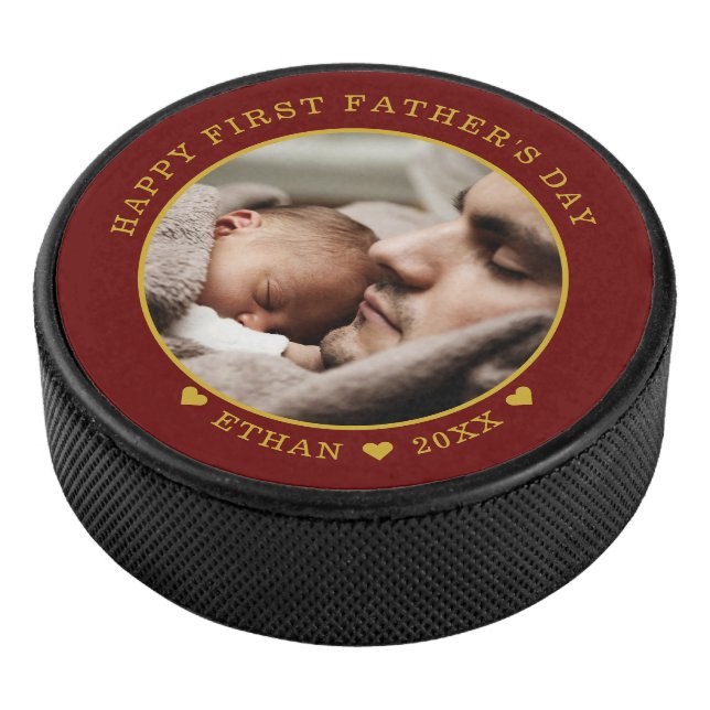Red And Gold Happy First Father's Day Photo   Hockey Puck (3/4)