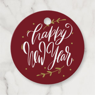 Red and Gold Happy New Year Calligraphy Wreath Favour Tags