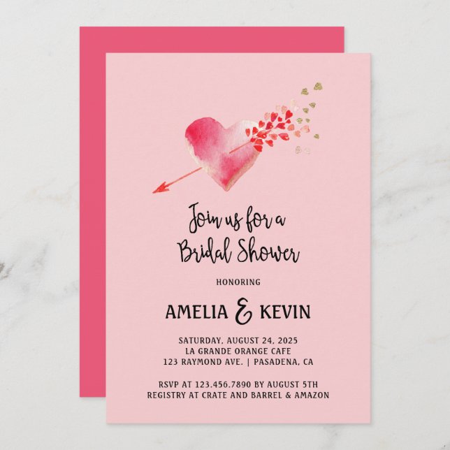 Red and Gold Heart and Arrow Bridal Shower Invitation (Front/Back)
