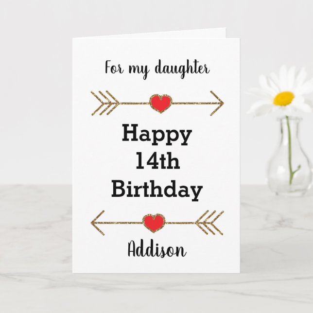 Red and Gold Heart Daughter 14th Birthday Card (Small Plant)