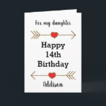 Red and Gold Heart Daughter 14th Birthday Card<br><div class="desc">A personalized 14th birthday card for daughter,  which you can easily personalize the front of the card with her name. Features glittery arrows with hearts. Inside this 14th birthday daughter reads a heartfelt message,  which can be easily personalized. This would make a unique birthday keepsake for her.</div>