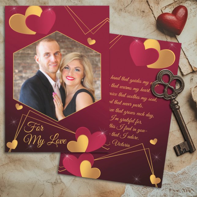 Red and Gold Hearts Custom Photo Romantic Holiday Card (Creator Uploaded)