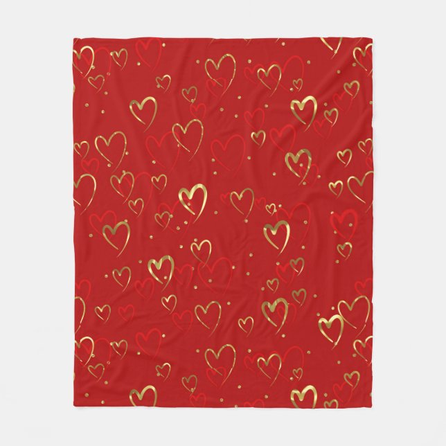 Red and gold hearts on red Valentine's Pattern Fleece Blanket (Front)