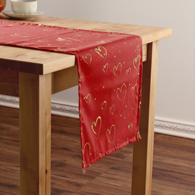 Red and gold hearts on red Valentine's Pattern Short Table Runner (In Situ)