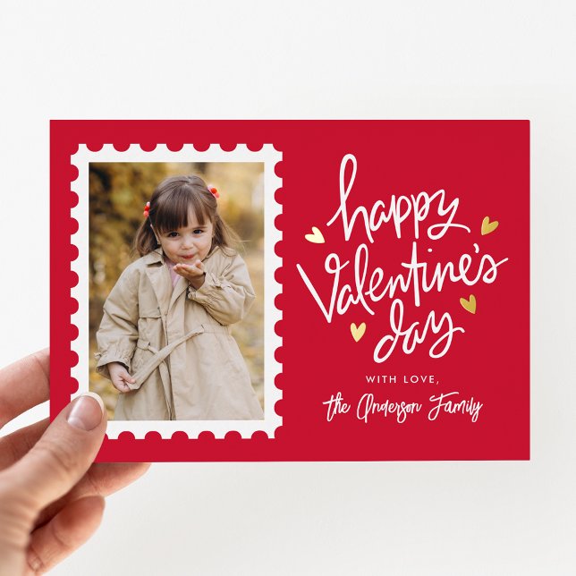Red and Gold Hearts Stamp Photo Valentine's Day Foil Holiday Card (Creator Uploaded)