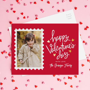 Red and Gold Hearts Stamp Photo Valentine's Day Foil Holiday Postcard