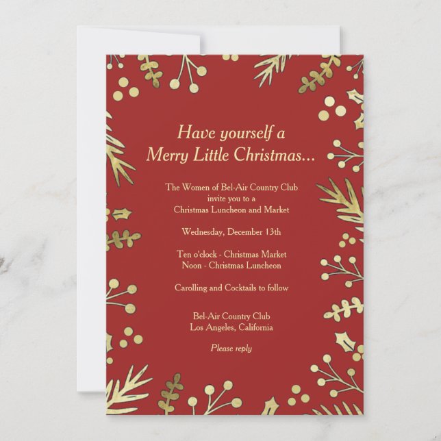 Red and Gold Holly Christmas Party Invitation (Front)