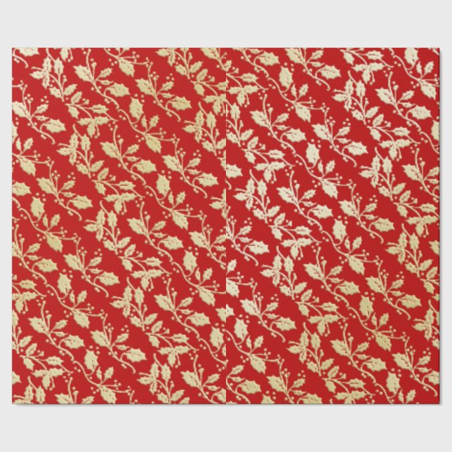 Red and Gold Holly Christmas Wrapping Paper (Seam)
