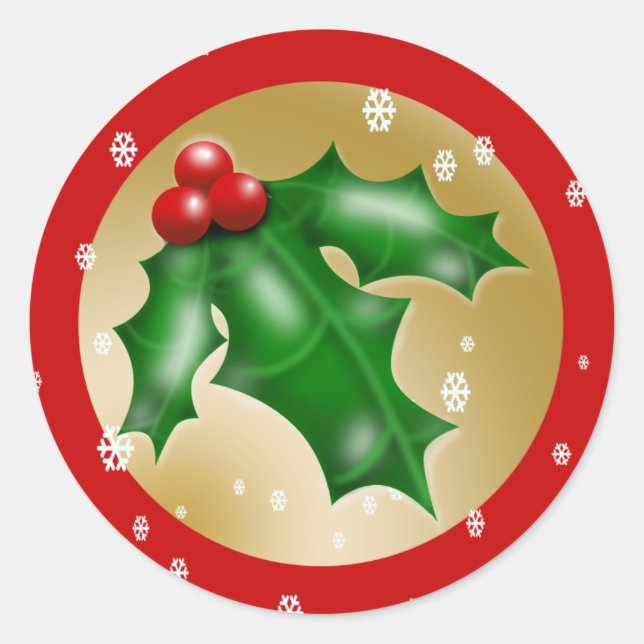 Red and Gold Holly Classic Round Sticker (Front)