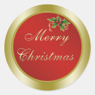 Red and Gold, Holly  Merry Christmas Classic Round Sticker