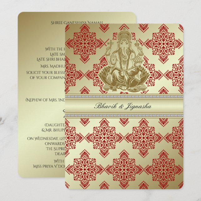 Red and Gold Indian Damask Wedding Invitation (Front/Back)