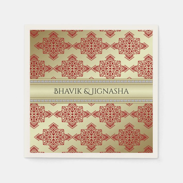 Red and Gold Indian Damask Wedding Napkin (Front)
