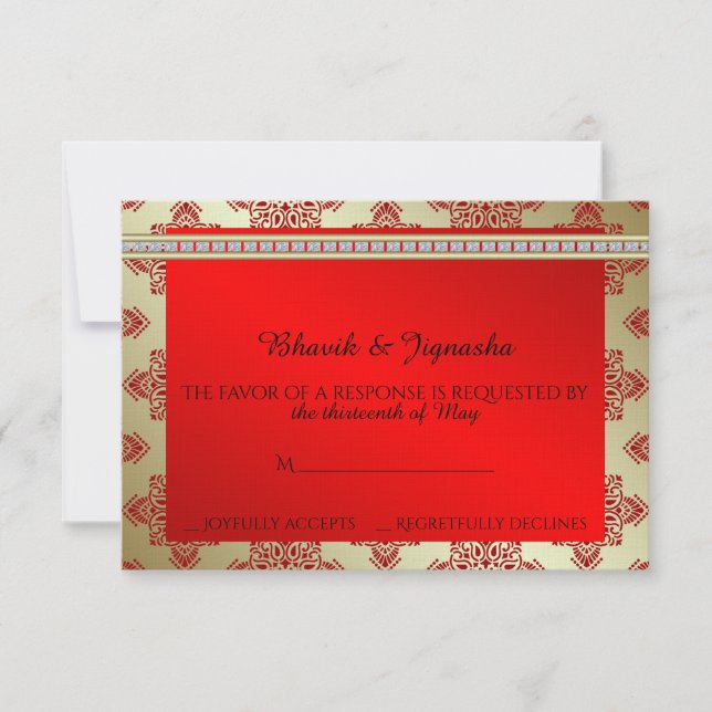 Red and Gold Indian Damask Wedding Response Card (Front)