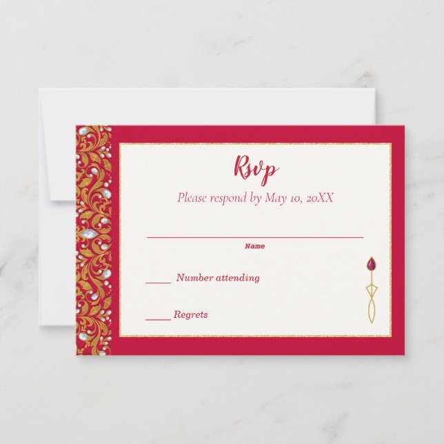 Red and Gold Indian Hindu Ornate Wedding RSVP (Front)
