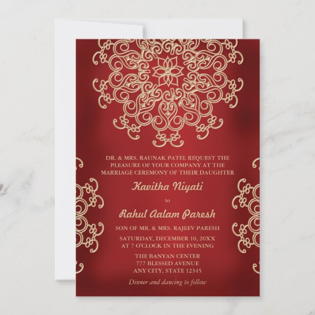 RED AND GOLD INDIAN STYLE WEDDING INVITATION (Front)