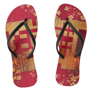Red and Gold Japanese Chiyogami Pattern Flip Flops