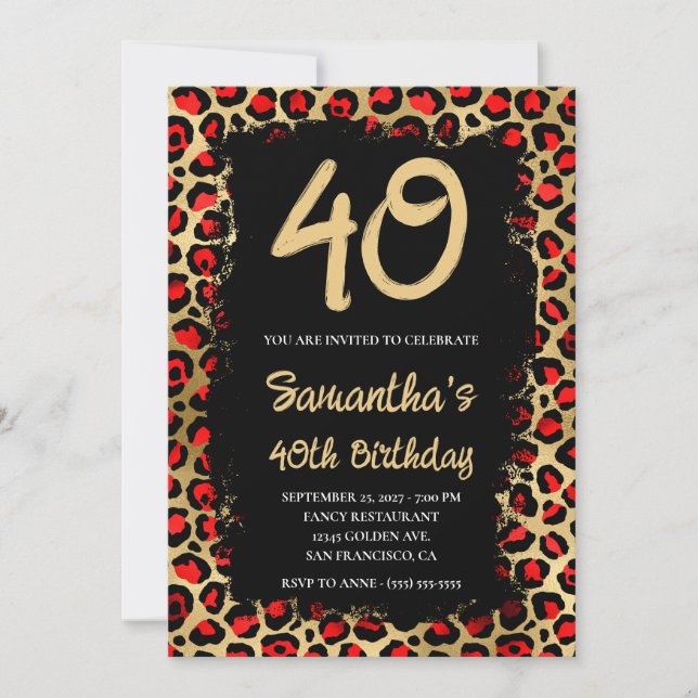 Red and Gold Leopard Painted Black 40th Birthday Invitation (Front)
