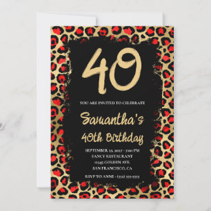 Red and Gold Leopard Painted Black 40th Birthday Invitation