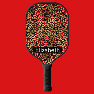 Red and Gold Leopard Print Personalised Pickleball Paddle
