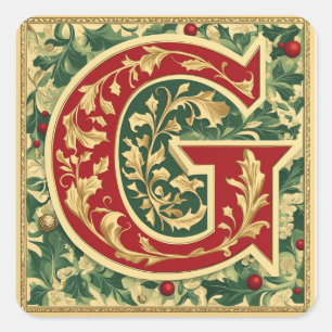 Red and Gold Letter G with Christmas Greenery Square Sticker