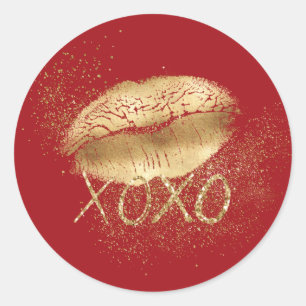 Red and Gold Lips Kiss Gold Glitter XOXO Classic Round Sticker