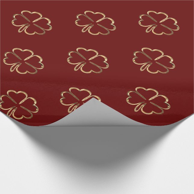 Red and Gold Look Four Leaf Clovers Wrapping Paper (Corner)