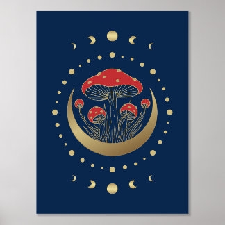 Red And Gold Magic Mushroom, Crescent Moon On Blue Foil Prints