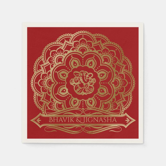 Red and Gold Mandala Indian Wedding Napkin (Front)