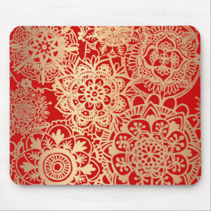 Red and Gold Mandala Pattern Mouse Mat