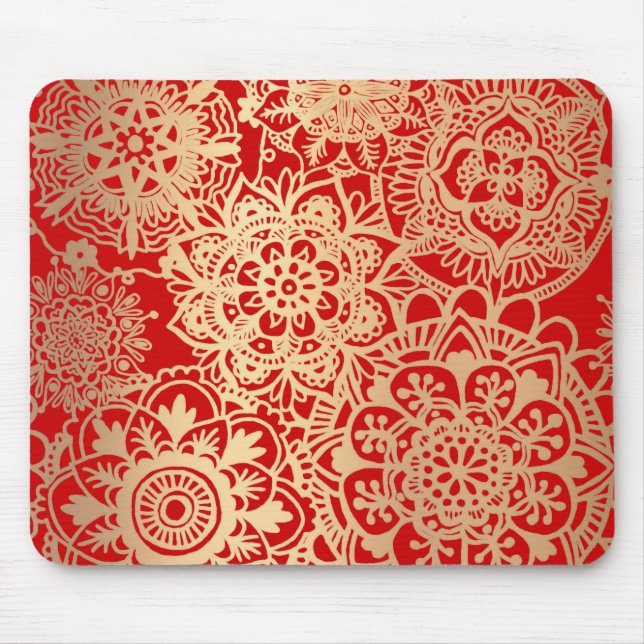 Red and Gold Mandala Pattern Mouse Mat (Front)