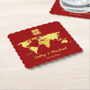 Red and gold map destination chinese wedding paper coaster