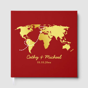 Red and gold map destination wedding  guest book