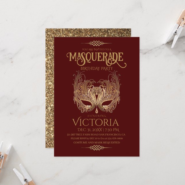 Red and Gold Masquerade Party Birthday Invitation (Front/Back In Situ)