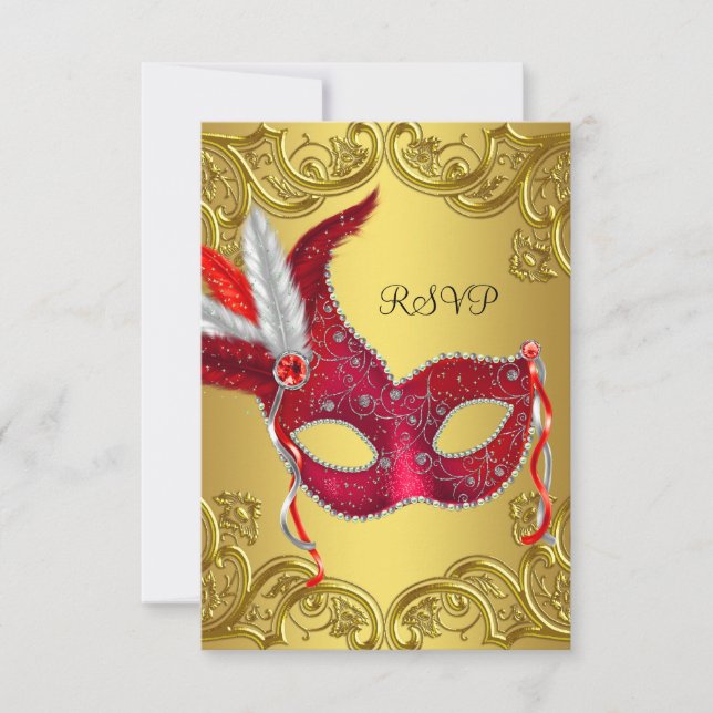 Red and Gold Masquerade Party RSVP Card (Front)