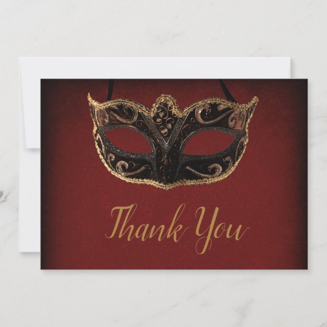 Red and Gold Masquerade Thank You Card (Front)