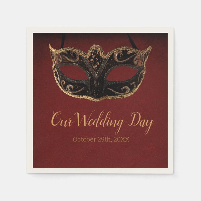 Red and Gold Masquerade Wedding Napkin (Front)