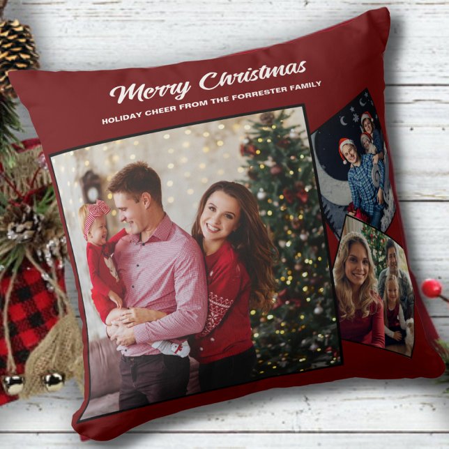 Red and gold Merry Christmas family 3 Photo   Cushion (Creator Uploaded)