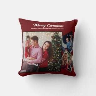 Red and gold Merry Christmas family 3 Photo Cushion