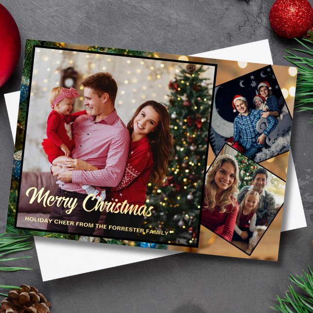 Red and gold Merry Christmas family 3 Photo   Foil Holiday Card (Creator Uploaded)