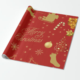 Red and gold merry Christmas pattern Wrapping Paper