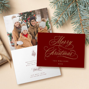 Red and Gold Merry Christmas Script Photo Folded Holiday Card