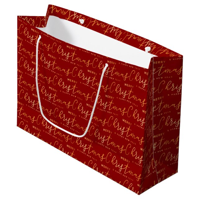 Red and Gold Merry Christmas Word Art Large Gift Bag (Front Angled)