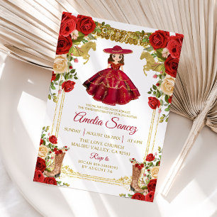 Red and Gold Mexican Girl Tres Años Birthday Invitation