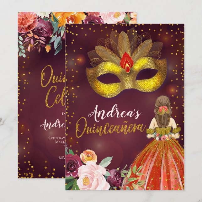 Red and Gold Mexican Princess Quinceañera Birthday Invitation (Front/Back)