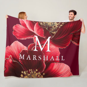 Red And Gold Modern Floral Monogram Family Name Fleece Blanket