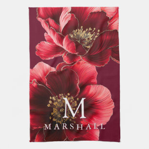 Red And Gold Modern Floral Monogram Family Name Tea Towel