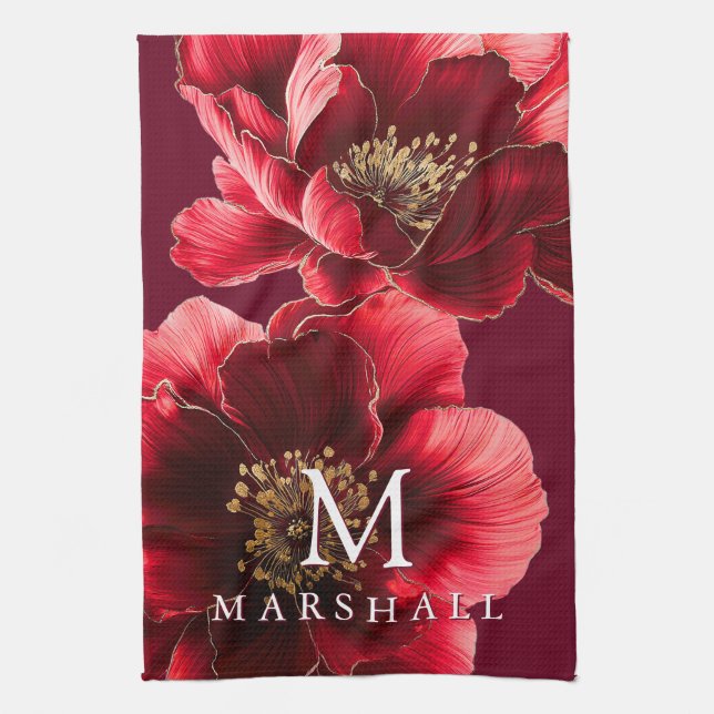 Red And Gold Modern Floral Monogram Family Name Tea Towel (Vertical)