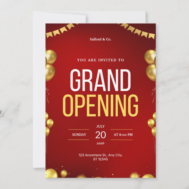 Red and Gold Modern Grand Opening Invitation (Front)